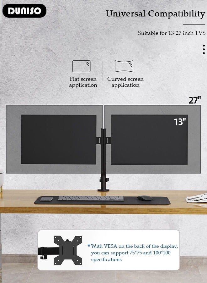 DUNISO Dual Monitor Desk Mount, Heavy Duty Fully Adjustable Steel Stand, Dual Monitor Arm for Desk, Fits Two Screens up to 13-27 inch, Computer Monitor Stand with VESA Mount, Holds up to 8KG Arm - Image 3