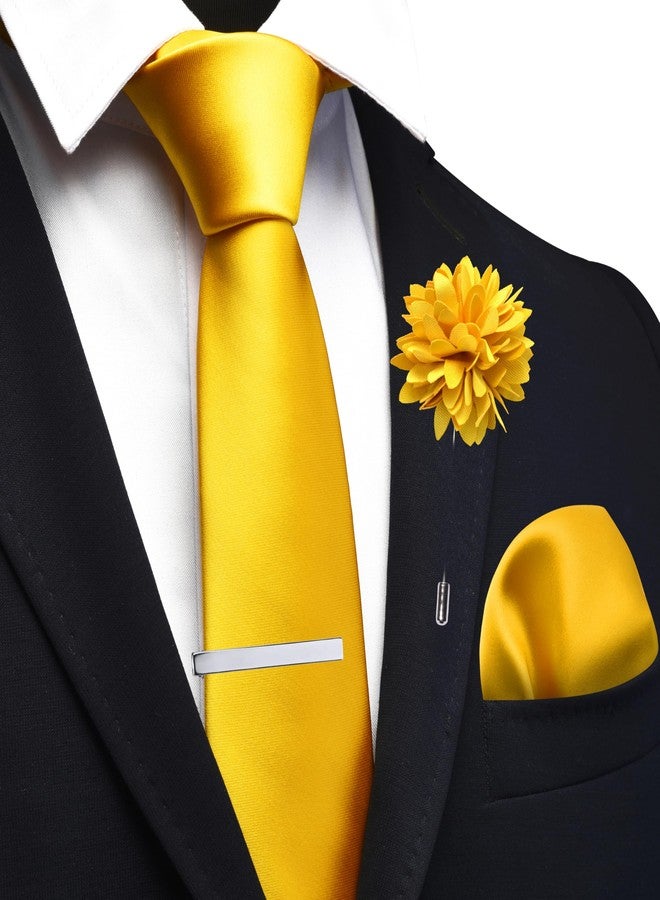 Branduce Yellow Tie for Men Wedding Solid Satin Silk Blend Necktie Pocket Square Tie Clip and Lapel Pin Brooch Set (TA14-13) - Image 2