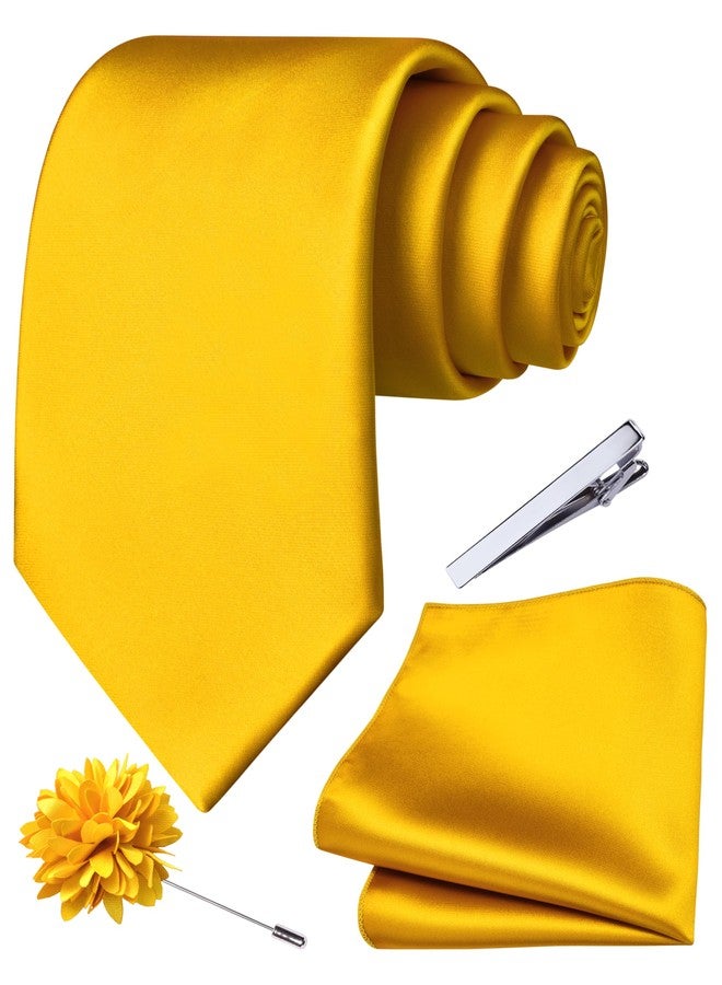 Branduce Yellow Tie for Men Wedding Solid Satin Silk Blend Necktie Pocket Square Tie Clip and Lapel Pin Brooch Set (TA14-13) - Image 1