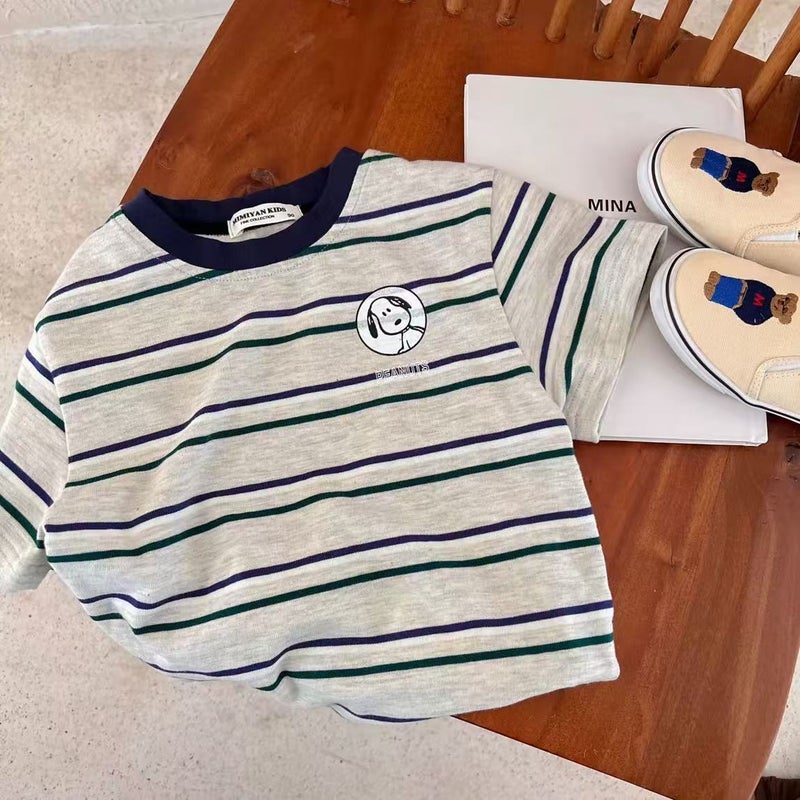 2025 Children'S Cotton T-Shirt Boy'S Loose Breathable Crewneck Top Baby'S Fashionable Striped Cartoon Printed Short Sleeve - Image 3
