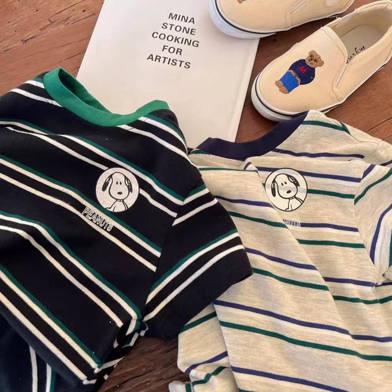 2025 Children'S Cotton T-Shirt Boy'S Loose Breathable Crewneck Top Baby'S Fashionable Striped Cartoon Printed Short Sleeve - Image 2
