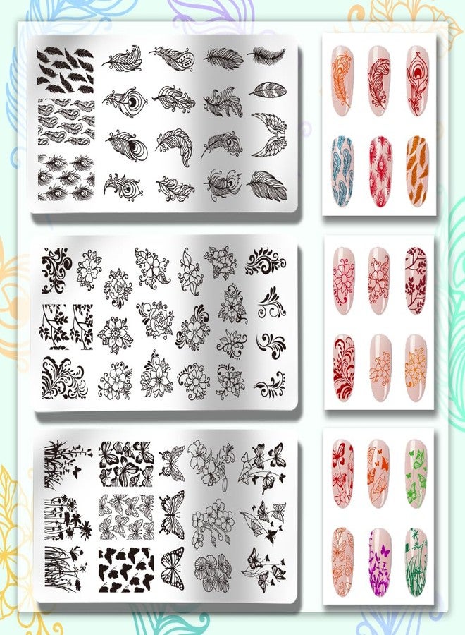 PH PandaHall 3pcs Feather Nail Stamp Plates, 55 Patterns Feather Flower Butterfly Nail Stamper Plant Nail Art Stencils Stainless Steel Nail Image Plates for Nail Art Design Manicure Salon - Image 2