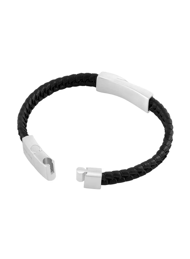 Police Black/Silver Contorto Black Braided Leather Bracelet for Men for Men | Best Price UAE