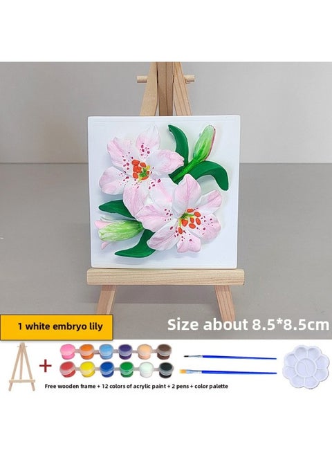 Lily Plaster Doll Painted White Embryo Diy Handmade Graffiti Tulip Three-dimensional Relief Painting Activity Group Building-Color:1 Lily + Wooden Frame + 1 Set Of 12 Colors Of Paint