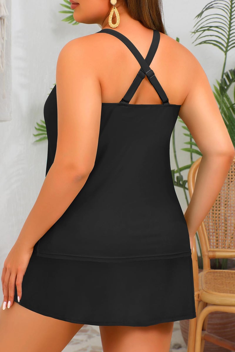 Yonique Plus Size Tankini with Skirt - Two Piece Swimsuit Tummy Control Bathing Suit High Neck Swimwear 2025 Black 18W - Image 2