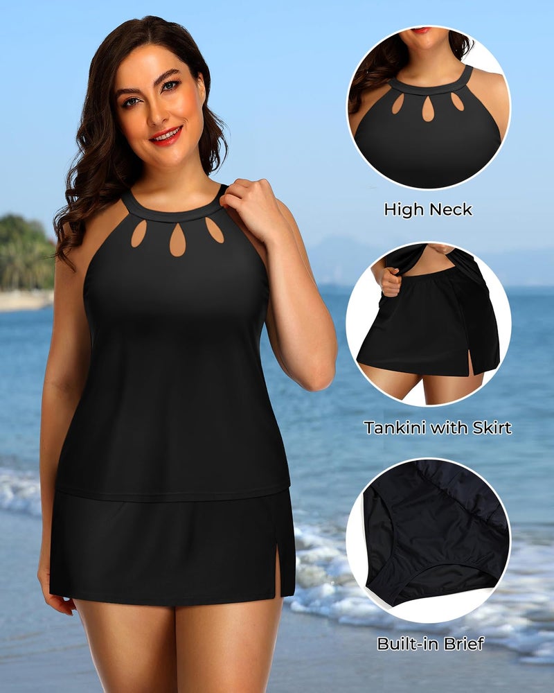 Yonique Plus Size Tankini with Skirt - Two Piece Swimsuit Tummy Control Bathing Suit High Neck Swimwear 2025 Black 18W - Image 5