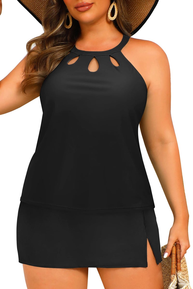 Yonique Plus Size Tankini with Skirt - Two Piece Swimsuit Tummy Control Bathing Suit High Neck Swimwear 2025 Black 18W - Image 4