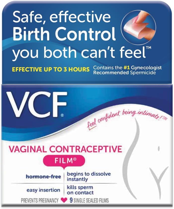 VCF Vaginal Contraceptive Film with Spermicide, 1 Box of 9 Prevents Pregnancy, Nonoxyl-9 Kills Sperm on Contact, Hormone-Free, Easy to Use, Unnoticeable, 9 Total - Image 1