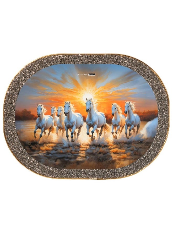Studd Muffyn 7 White Running Horses Pyrite Plate Wall Frame | Vastu Feng Shui Lucky Horses Painting | Wealth, Success & Prosperity Crystal Decor | Home Office Entrance Wall Hanging Gift Item - Image 1