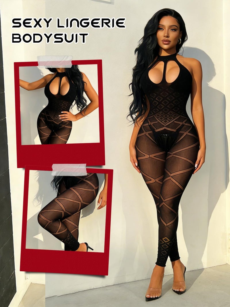 Buitifo Womens Fishnet Bodystocking Plus Size Crotchless Bodysuit Sexy Tights Soft Nightwear Lingerie (Black TYL,M) - Image 3