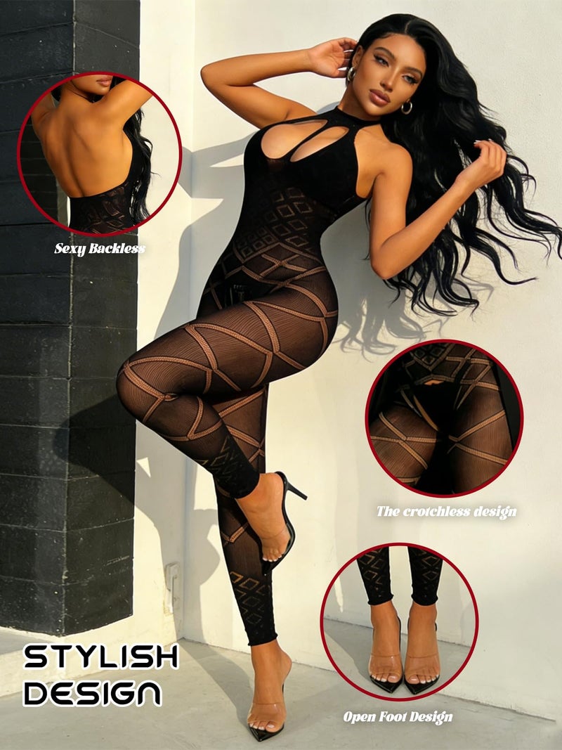 Buitifo Womens Fishnet Bodystocking Plus Size Crotchless Bodysuit Sexy Tights Soft Nightwear Lingerie (Black TYL,M) - Image 2