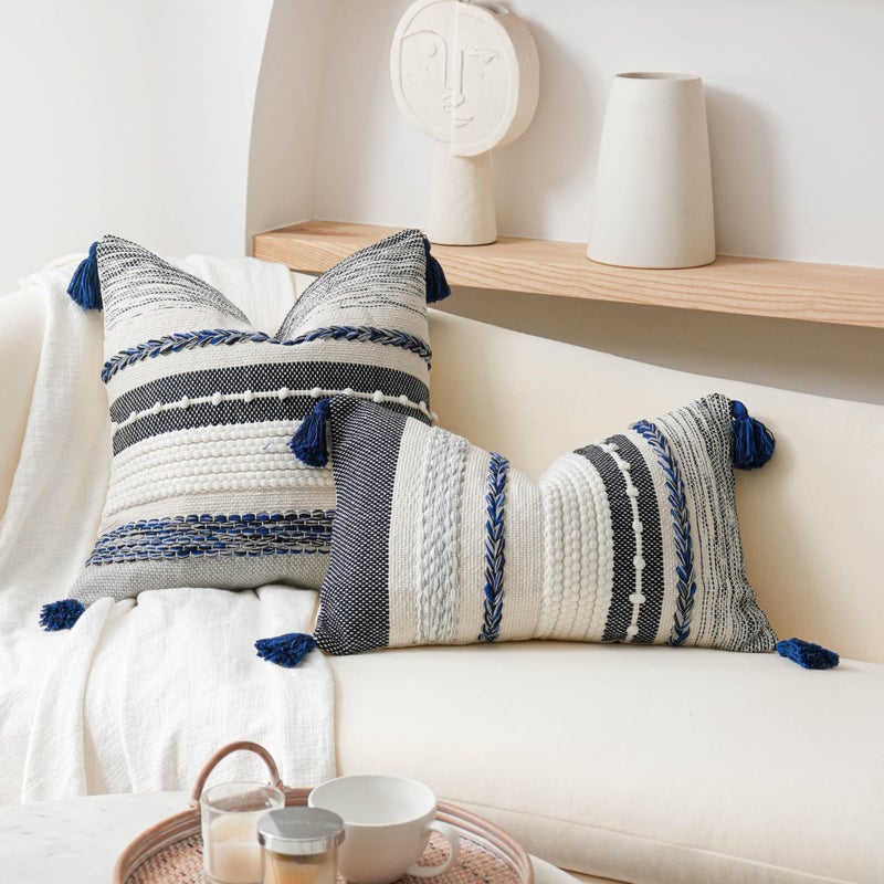 BlissBlush Navy Dark Blue Decorative Throw Pillow Cover 18x18 Square Boho Accent Pillowcase Tassels Farmhouse Cushion for Couch Sofa Bedroom Living Room Home DÃ©cor Cover ONLY - Image 4