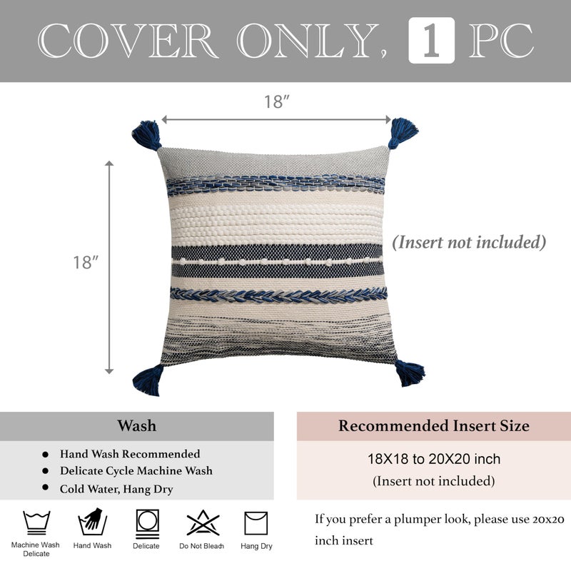 BlissBlush Navy Dark Blue Decorative Throw Pillow Cover 18x18 Square Boho Accent Pillowcase Tassels Farmhouse Cushion for Couch Sofa Bedroom Living Room Home DÃ©cor Cover ONLY - Image 5