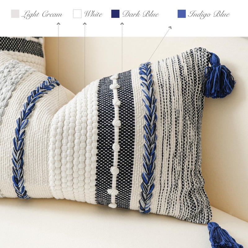 BlissBlush Navy Dark Blue Decorative Throw Pillow Cover 18x18 Square Boho Accent Pillowcase Tassels Farmhouse Cushion for Couch Sofa Bedroom Living Room Home DÃ©cor Cover ONLY - Image 3