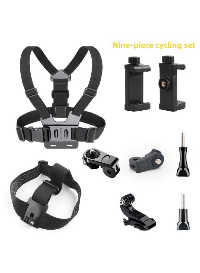 Generic Head-mounted Mobile Phone Fixed Bracket Riding Diyi Person Shooting Bracket Live Sports Camera Motorcycle Riding Chest Strap-Colour:Chest Strap + Headband Nine-piece Set  - Image 1