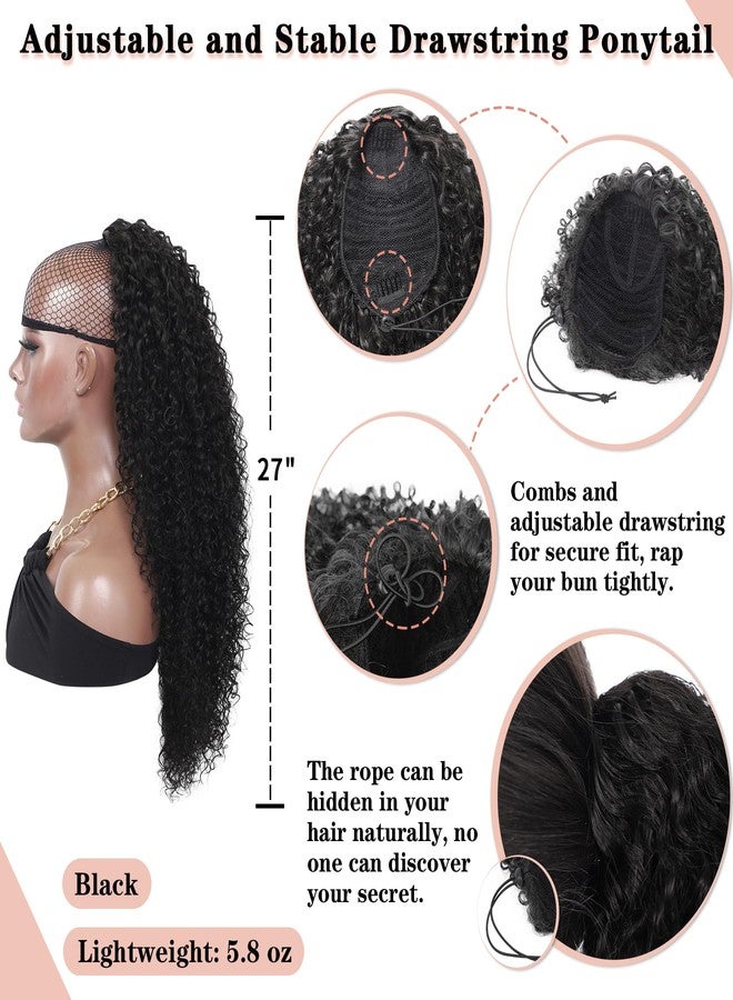 Lexqui Drawstring Ponytail Extension for Black Women Deep Curly Ponytail Extension Synthetic Mixed with Human Hair Hairpieces Natural Afro Kinky Curly Pony Tail for Daily Wear ，Off Black 27.5 inches - Image 3