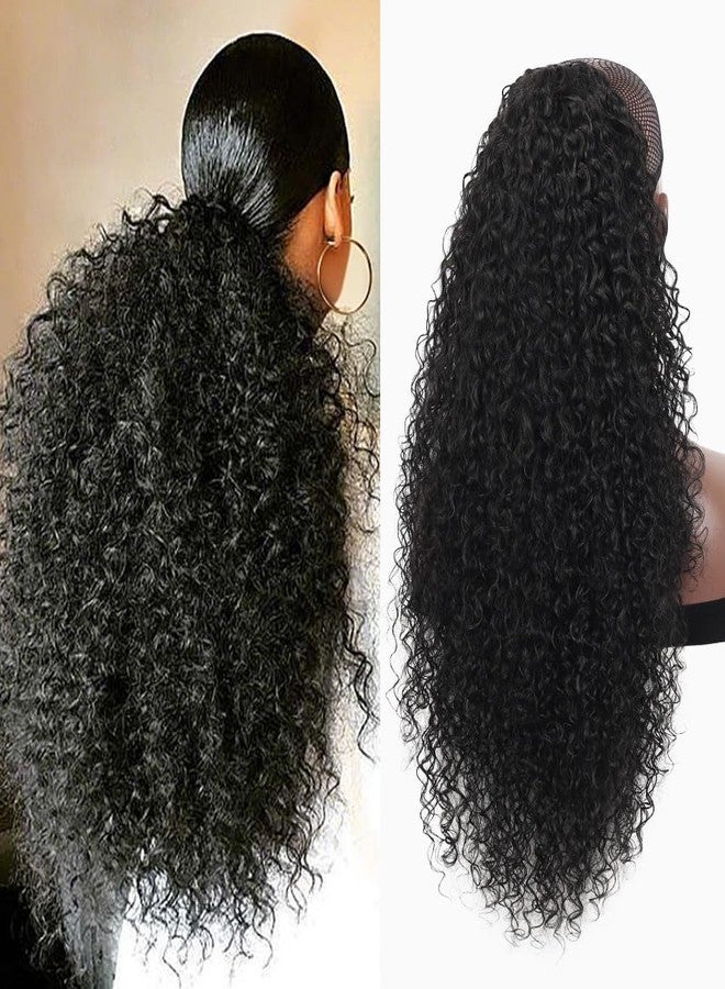 Lexqui Drawstring Ponytail Extension for Black Women Deep Curly Ponytail Extension Synthetic Mixed with Human Hair Hairpieces Natural Afro Kinky Curly Pony Tail for Daily Wear ，Off Black 27.5 inches - Image 1