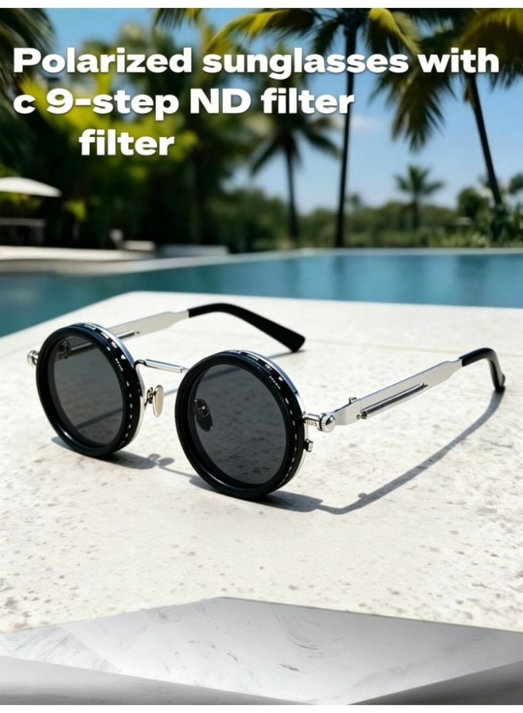 Unisex Round Frame Polarized Sunglasses with Adjustable ND2-400 Filter & UV380 Protection - Image 1