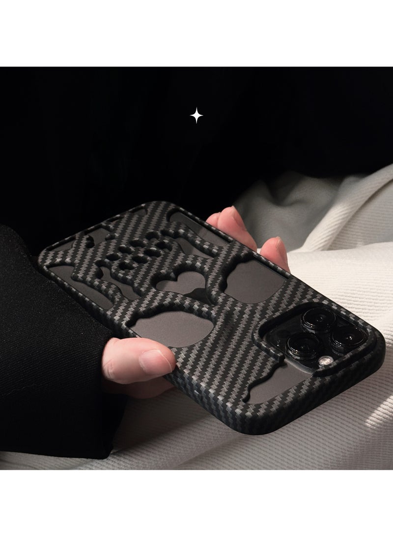 Color Fans Case for iPhone 13 Pro Max Carbon Fiber Skull Case Full Protect Carving Back Cover - Image 4