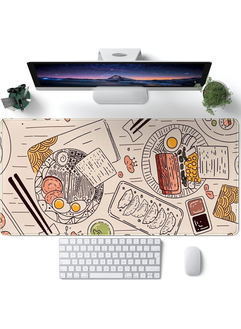 Desk Mat, Japanese Ramen Sushi Gaming Mouse Pad Extended Keyboard Mat, Large Non-Slip Full Desk Mousepad with Stitched Edges for Computer Laptop Office and Home Use, Beige - Image 1