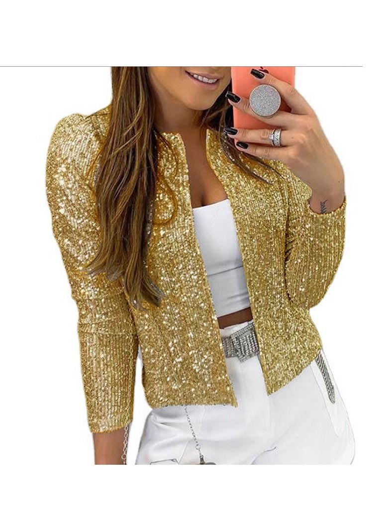 KUYING New Standing Collar Solid Color Sequin Women's Short Jacket 