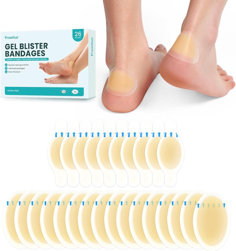 Promifun Hydrocolloid Gel Blister Bandages Pads  Promifun 26ct Waterproof Adhesive Blisters Bandages  Blister Pads for Heel Toe Feet Fingers  Gel Blister Prevention for Travel  Hiking Variety Pack - Image 1