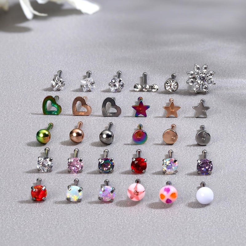 MILACOLATO 30Pcs Nose Rings Studs for Women Men 316L Stainless Steel Nose Piercings Jewelry 18G 20G Straight L Shaped Corkscrew Nose Rings Cubic Zirconia Created-Opal Nose Studs Hypoallergenic I 18G - Image 4