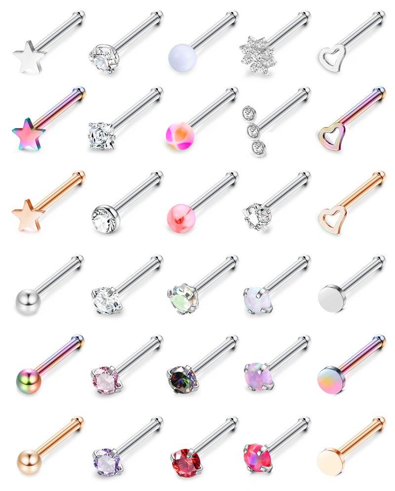 MILACOLATO 30Pcs Nose Rings Studs for Women Men 316L Stainless Steel Nose Piercings Jewelry 18G 20G Straight L Shaped Corkscrew Nose Rings Cubic Zirconia Created-Opal Nose Studs Hypoallergenic I 18G - Image 1