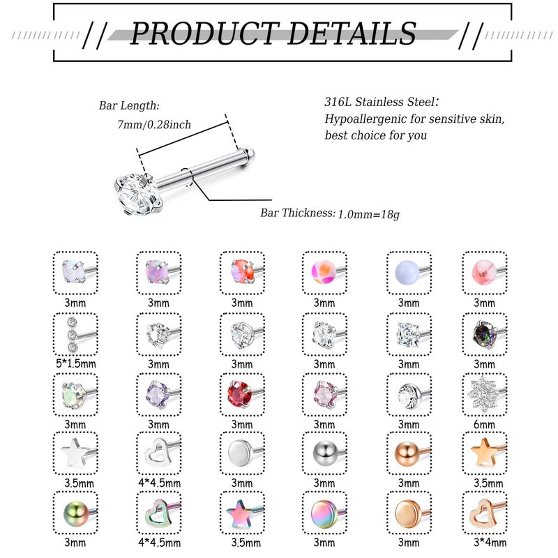 MILACOLATO 30Pcs Nose Rings Studs for Women Men 316L Stainless Steel Nose Piercings Jewelry 18G 20G Straight L Shaped Corkscrew Nose Rings Cubic Zirconia Created-Opal Nose Studs Hypoallergenic I 18G - Image 2