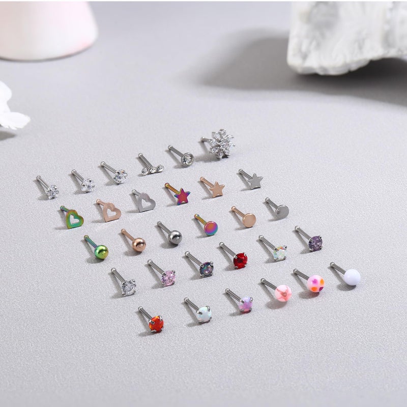 MILACOLATO 30Pcs Nose Rings Studs for Women Men 316L Stainless Steel Nose Piercings Jewelry 18G 20G Straight L Shaped Corkscrew Nose Rings Cubic Zirconia Created-Opal Nose Studs Hypoallergenic I 18G - Image 5