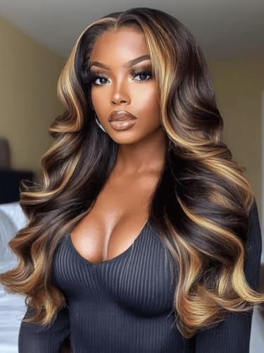 UNICE Bye Bye Knots Glueless Wig 7x5 Pre Cut Lace Front Wigs Butterscotch Highlights Brown Loose Wave Human Hair Put on and Go Wig Pre Plucked Bleached Invisible Knots 150 Density 18 Inch - Image 3