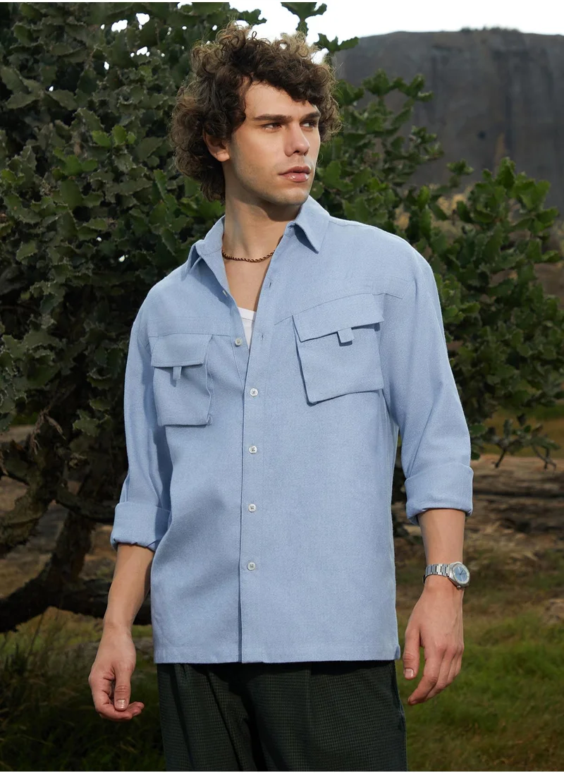 Campus Sutra Men's Powder Blue Modular-Utility Oversized Shirt