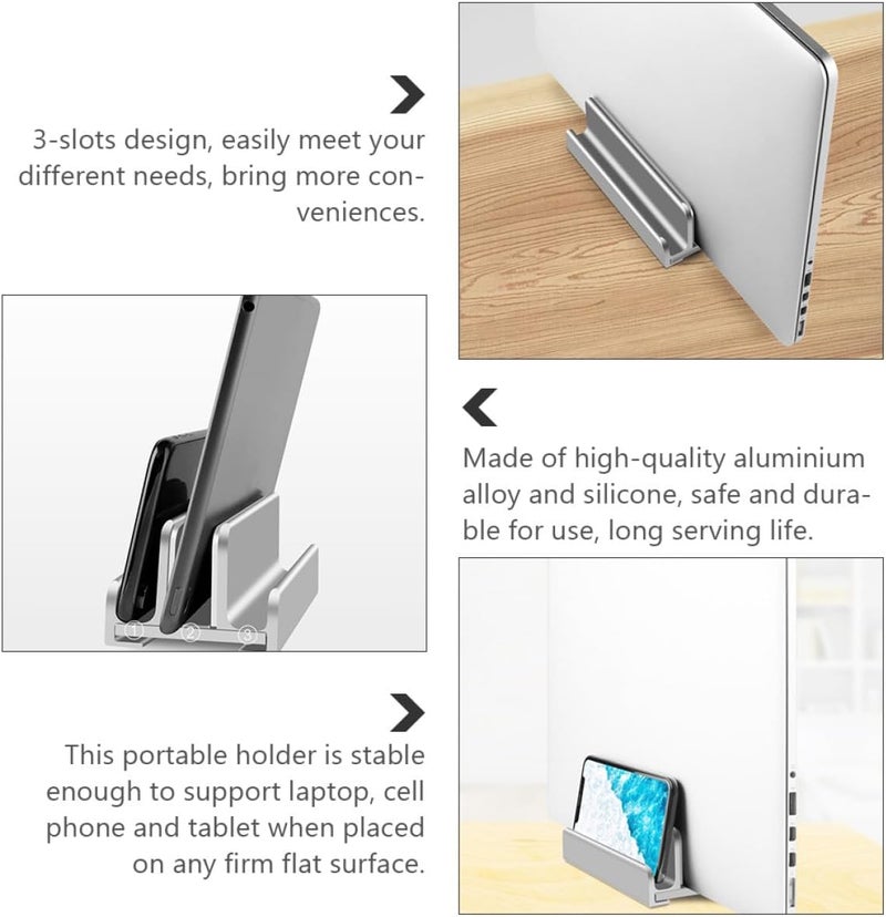 Adjustable Aluminum Vertical Laptop Stand with Triple Slots Desktop Holder for Office and Home, Anti-Slip Portable Laptop and Tablet Organizer Silver - Image 3