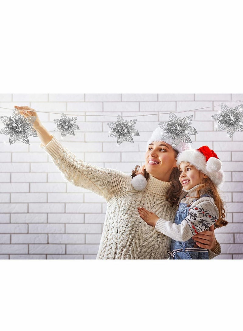 Excefore Glitter Poinsettia Flowers Artificial, 24 Pcs 2 Size Sliver Decorations Tree Ornaments for New Year/Holiday/Seasonal/Wedding Party Wreath DIY Decors - Image 5