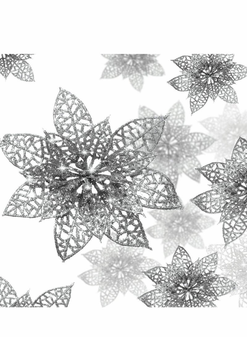 Excefore Glitter Poinsettia Flowers Artificial, 24 Pcs 2 Size Sliver Decorations Tree Ornaments for New Year/Holiday/Seasonal/Wedding Party Wreath DIY Decors - Image 1