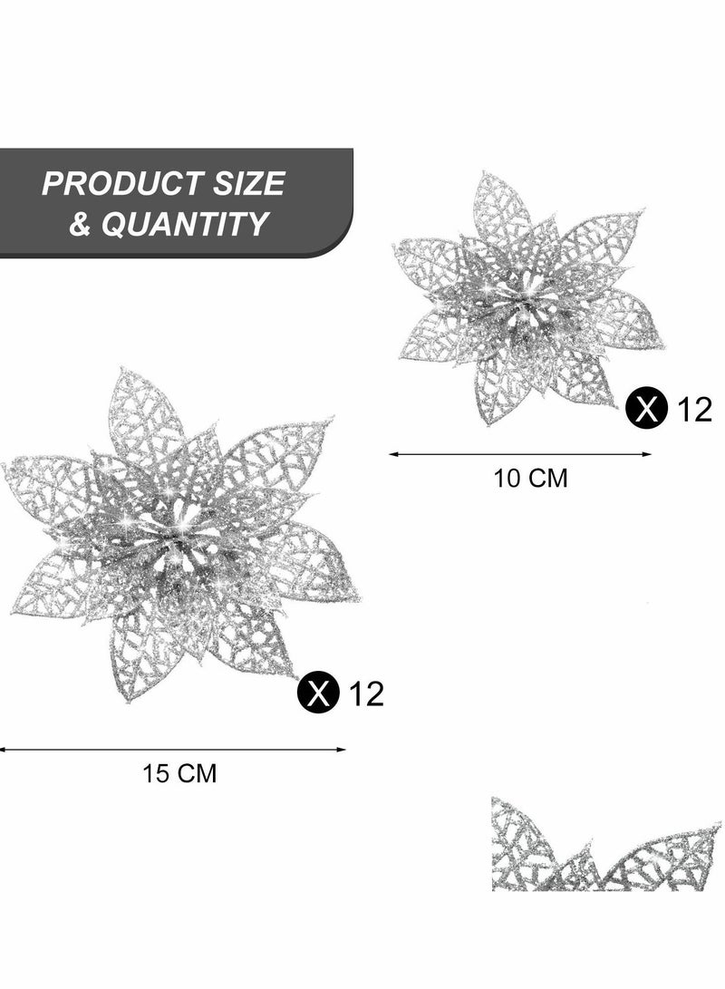 Excefore Glitter Poinsettia Flowers Artificial, 24 Pcs 2 Size Sliver Decorations Tree Ornaments for New Year/Holiday/Seasonal/Wedding Party Wreath DIY Decors - Image 2