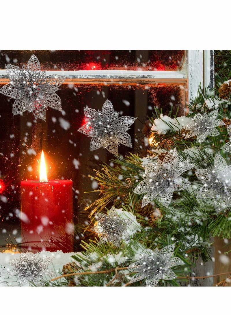 Excefore Glitter Poinsettia Flowers Artificial, 24 Pcs 2 Size Sliver Decorations Tree Ornaments for New Year/Holiday/Seasonal/Wedding Party Wreath DIY Decors - Image 4