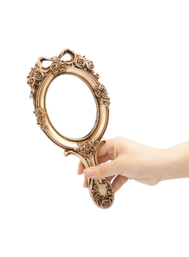 Vintage Handheld Mirror Embossed Flower Hand Held Mirror Makeup Mirror Vanity Mirror Decorative Cute Hand Mirror (Bronze) - Image 1