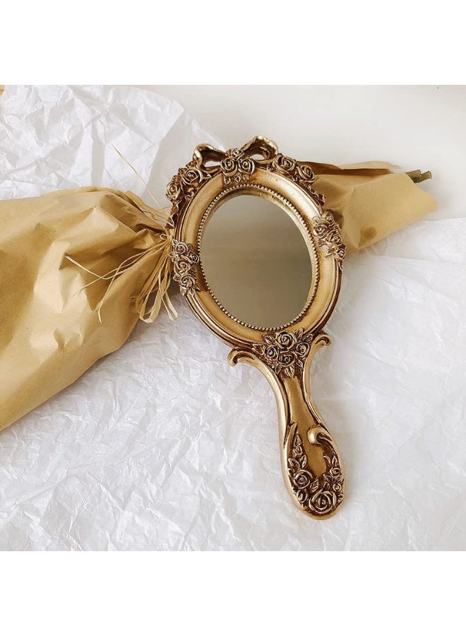 Vintage Handheld Mirror Embossed Flower Hand Held Mirror Makeup Mirror Vanity Mirror Decorative Cute Hand Mirror (Bronze) - Image 2