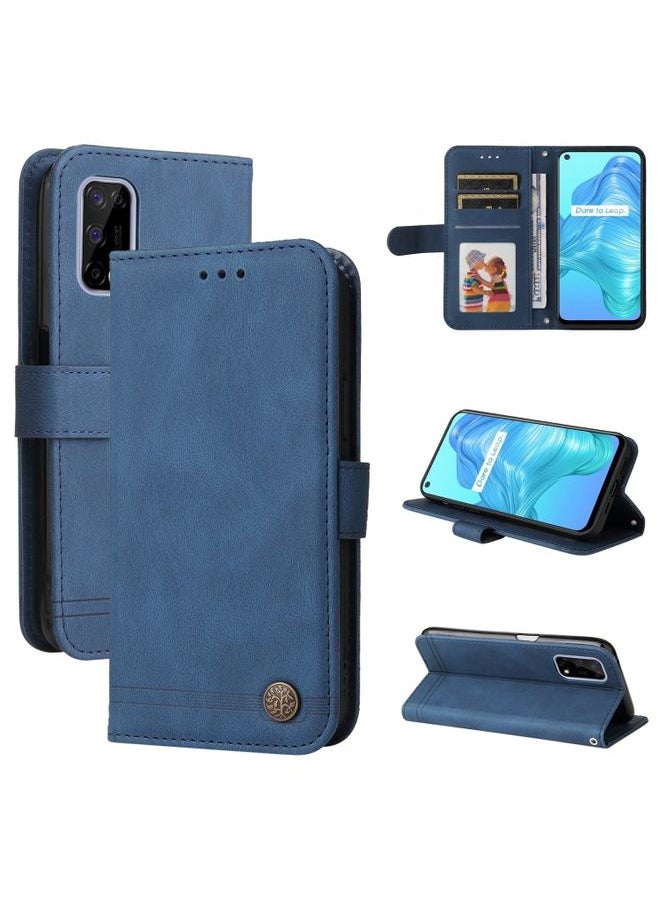 HuHa Case Cover For Realme 7 5G / V5 5G Skin Feel Life Tree Metal Button Horizontal Flip Leather Case with Holder & Card Slot & Wallet & Photo Frame & Strap Blue 