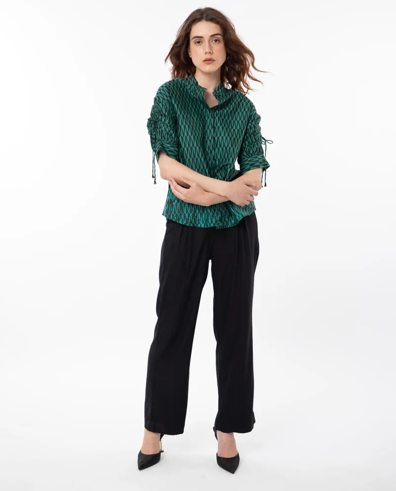 Rareism Rareism Women Tafel Green Cotton Fabric Short Sleeves Button Closure Mandarin Collar Regular Fit Geometric Print Top
