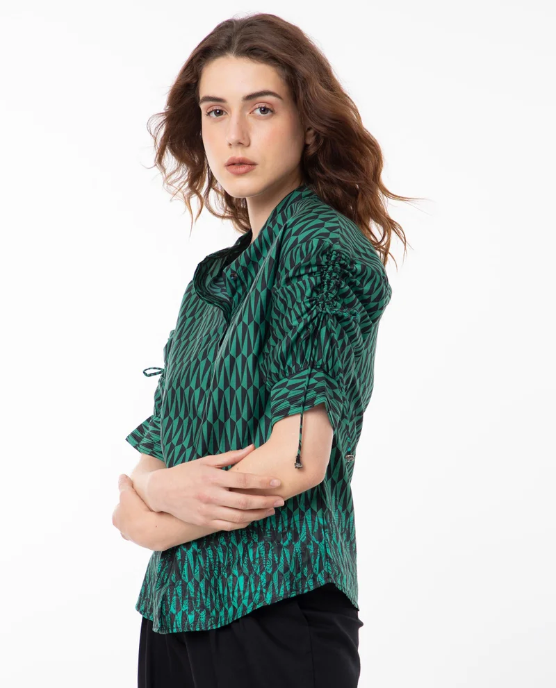 Rareism Rareism Women Tafel Green Cotton Fabric Short Sleeves Button Closure Mandarin Collar Regular Fit Geometric Print Top