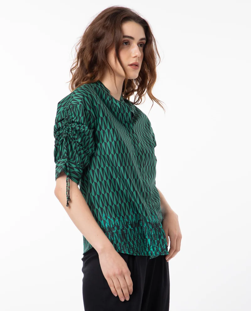 Rareism Rareism Women Tafel Green Cotton Fabric Short Sleeves Button Closure Mandarin Collar Regular Fit Geometric Print Top