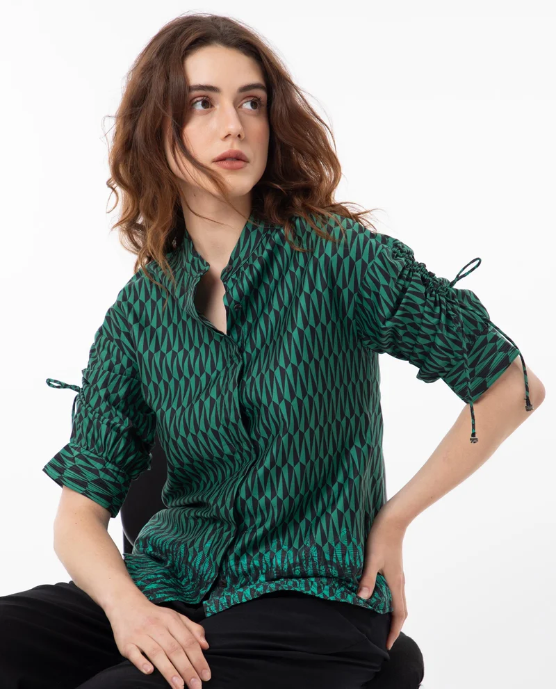 Rareism Rareism Women Tafel Green Cotton Fabric Short Sleeves Button Closure Mandarin Collar Regular Fit Geometric Print Top