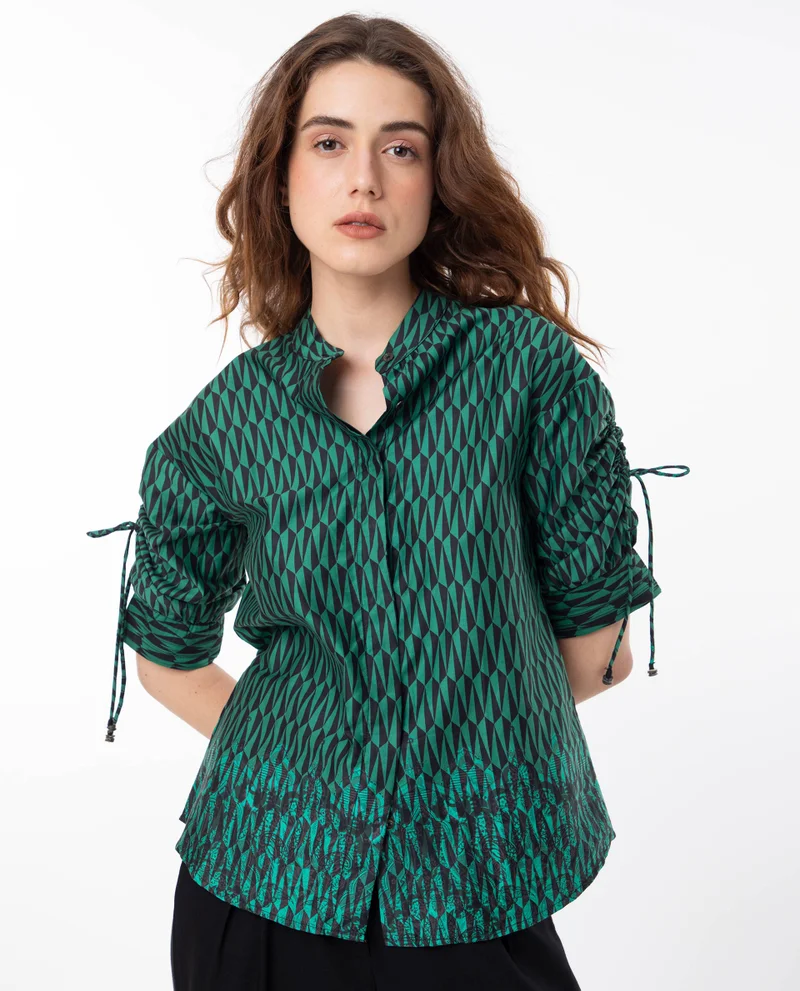 Rareism Rareism Women Tafel Green Cotton Fabric Short Sleeves Button Closure Mandarin Collar Regular Fit Geometric Print Top