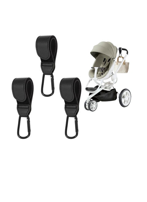 Pram hook clips, 3 pieces buggy clips carrier pram hooks, pram bag holder made of leather, bag hooks for stroller, pram clips, pram hooks for bags, backpack black