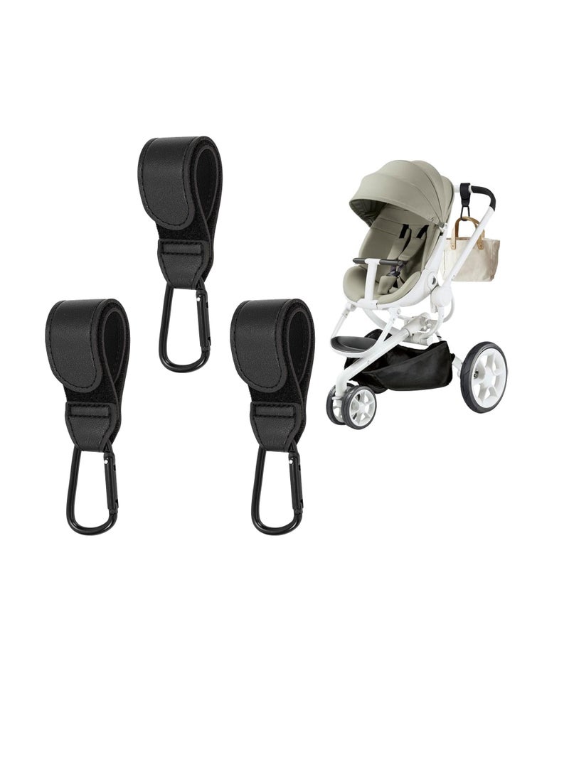 Pram hook clips, 3 pieces buggy clips carrier pram hooks, pram bag holder made of leather, bag hooks for stroller, pram clips, pram hooks for bags, backpack black