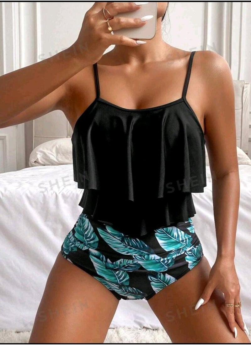 Shein - SHEIN Swim Tropical Print Ruffle Hem Bikini Swimsuit - Image 1
