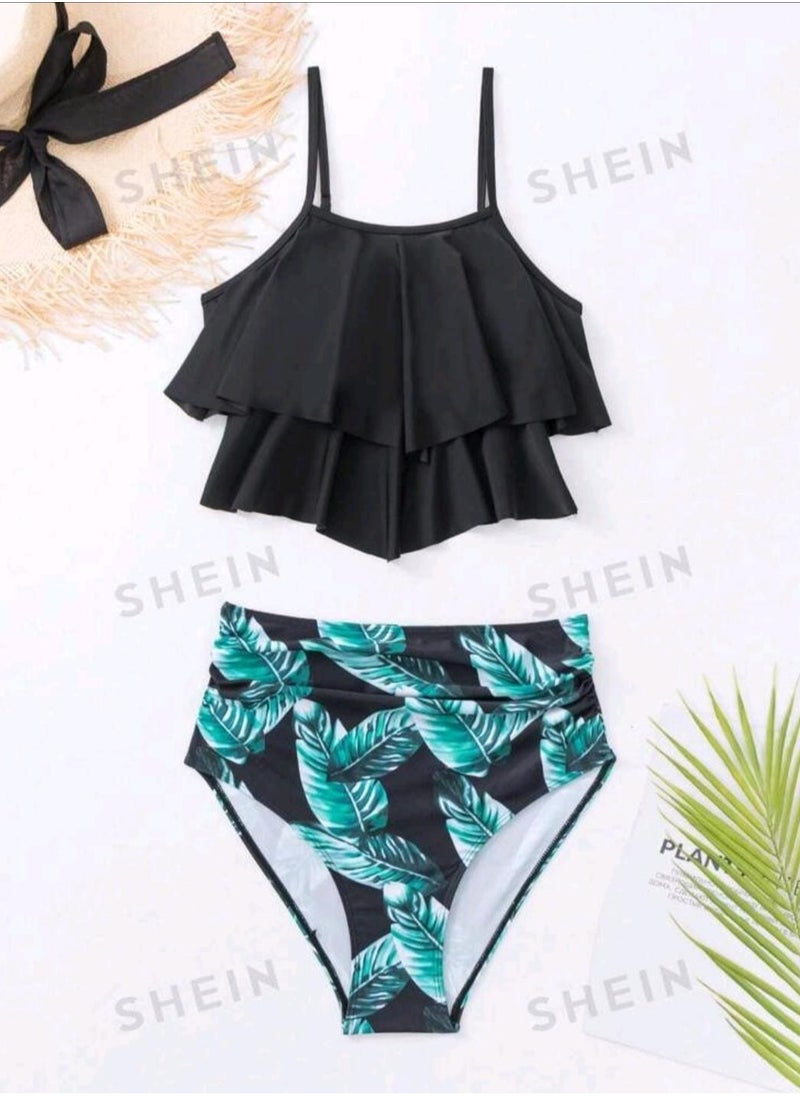 Shein - SHEIN Swim Tropical Print Ruffle Hem Bikini Swimsuit - Image 1