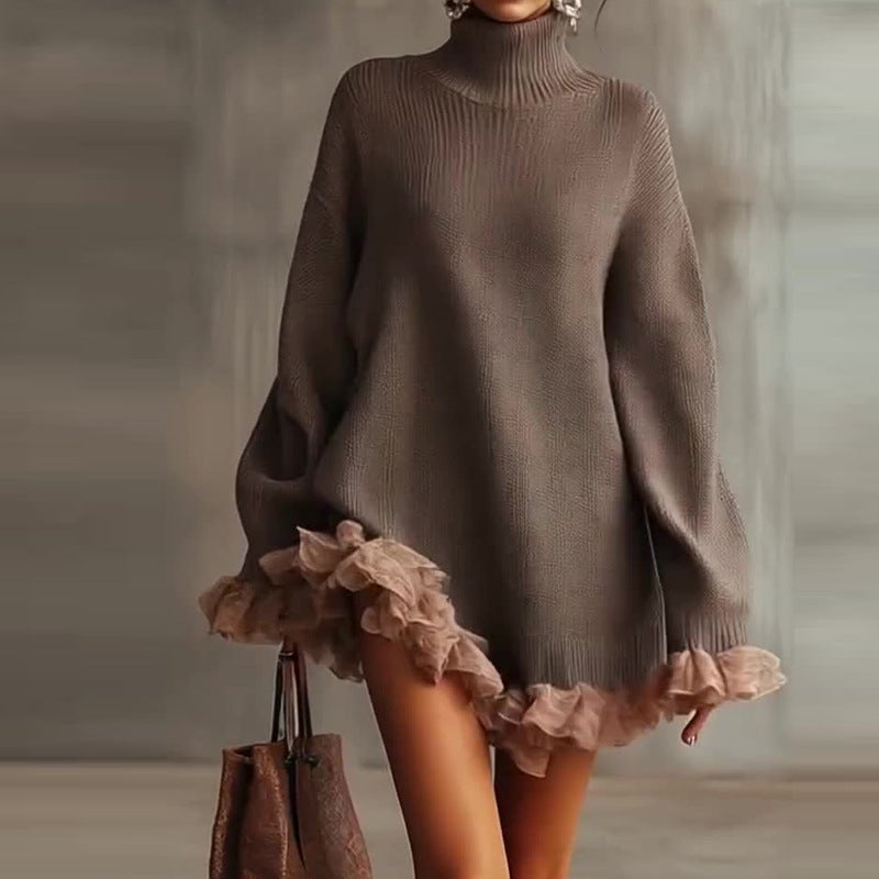 كنزة محبوكة بياقة عالية وأكمام طويلة مع زركشات كشكش - Image 2